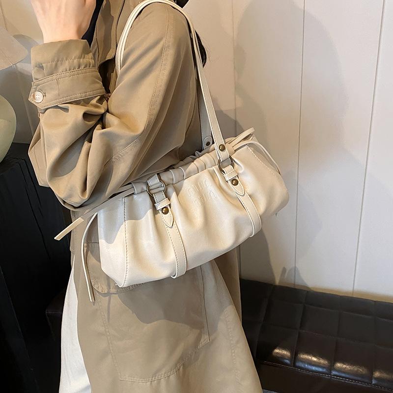 2025 new brown retro drawstring baguette bag single shoulder underarm portable casual pleated women's bag