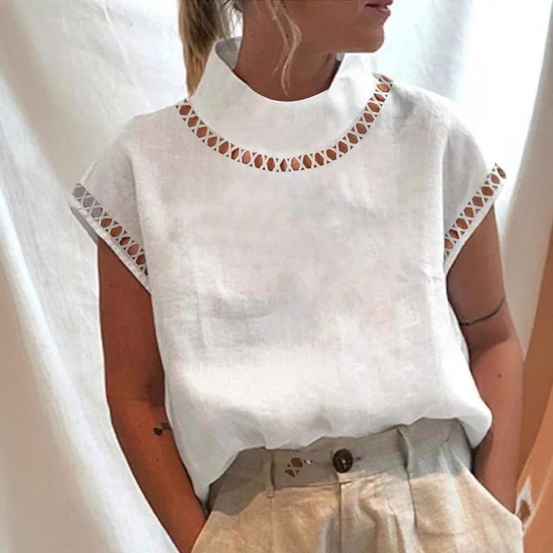 Women's Solid Color Hollow Top Casual Turtleneck Breathable Shirt