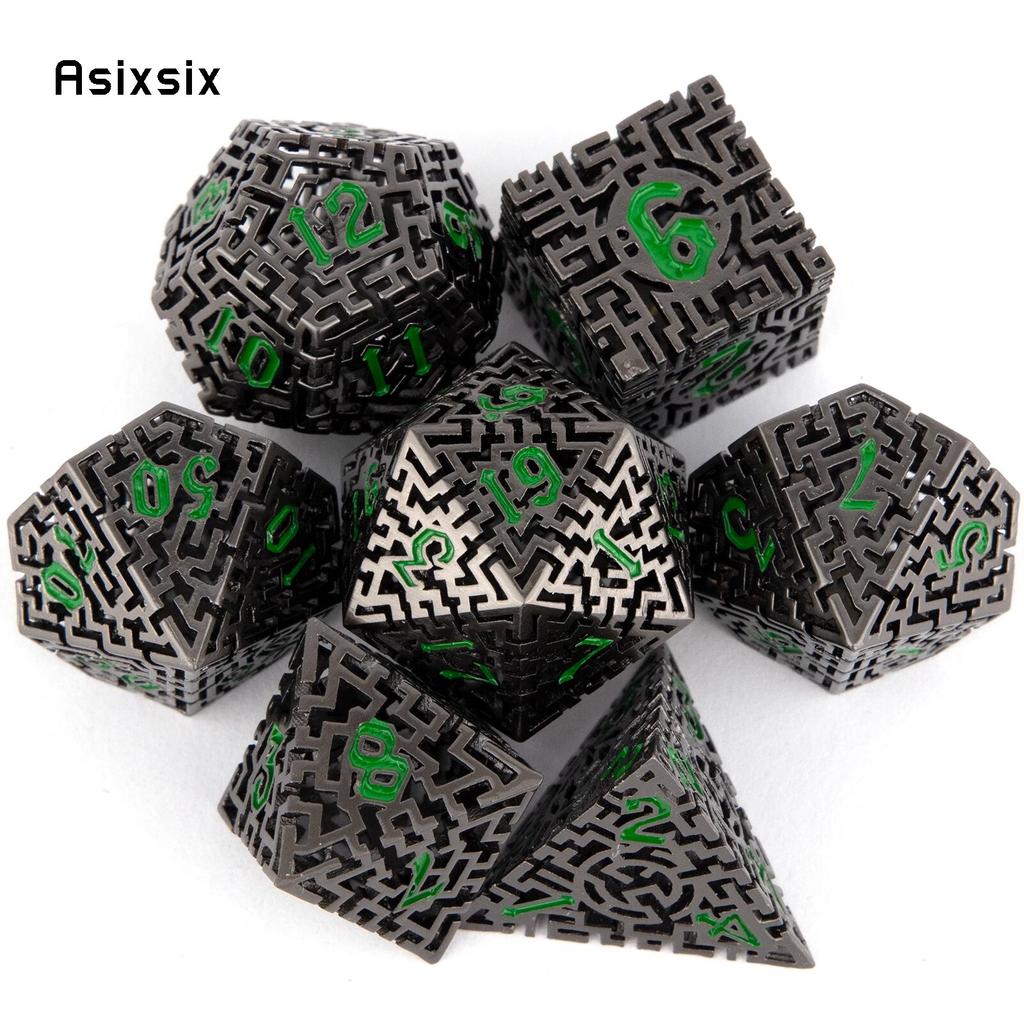 7 Pcs Black Green Metal Dice Maze Hollow Metal Polyhedral Dice Set Suitable for Role-Playing RPG  Board Game Card Game