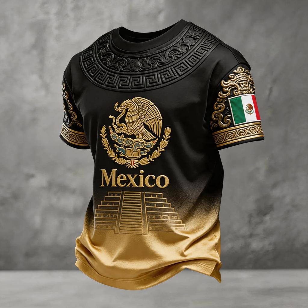 Men's National Team Support T Shirt Mexico Soccer Fan Jersey Short Sleeve Casual Football Top with Printed Design and Flag Patch