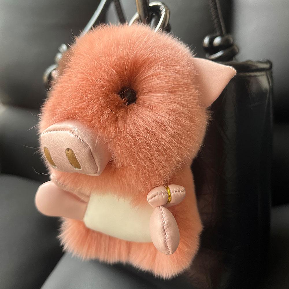 Cute Real Rex Rabbit Fur Pig Keychain Korean Ins Fluffy Real Fur Piggy Bag Charm Kawaii Plush Doll Pendant Gift for Women Girls