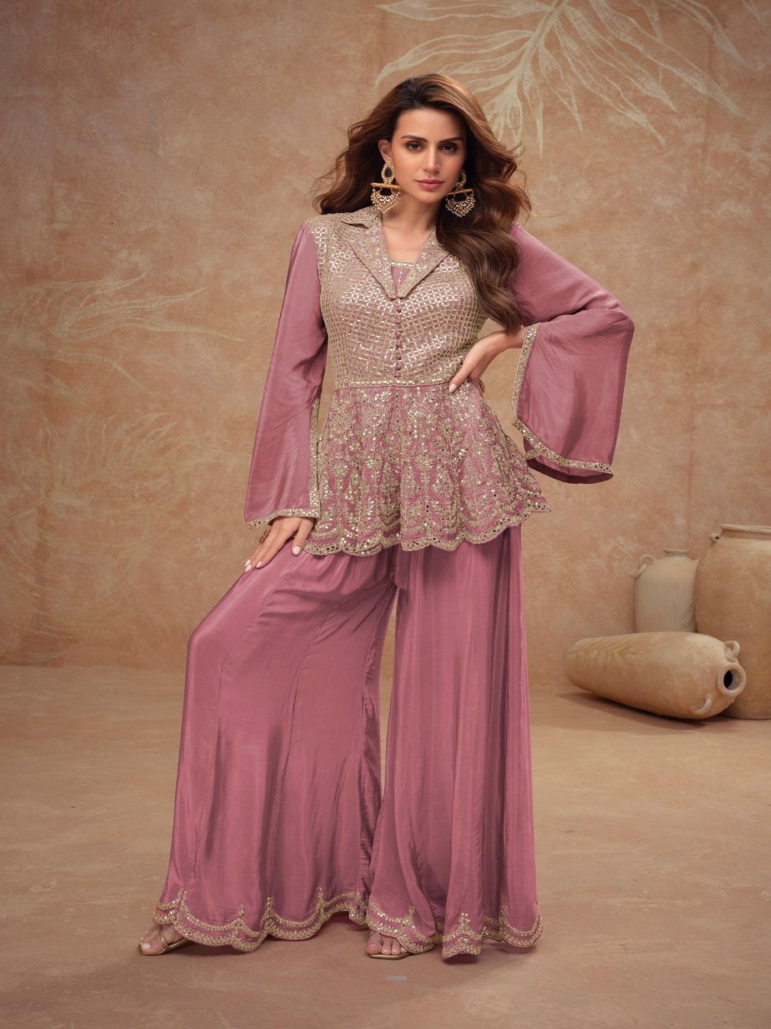 Mauve Embroidered Peplum Kurti with Palazzo Set for Women | Designer Indo Western Ethnic Party Wear Co Ord Set S фиолетовый