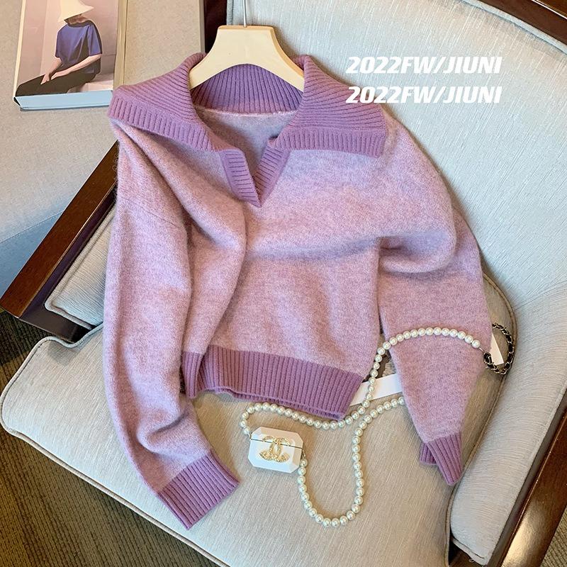 

Niche purple lapel knitted sweater top women s autumn new sweet age-reducing chic high-end sweater Korean L фіолетовий