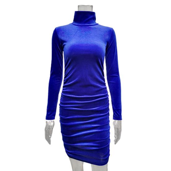 Robe fourreau pour femme, automne-hiver, taille serrée, couleur unie, col haut, protection du cou, manches longues, élastique au-dessus du genou, mini robe