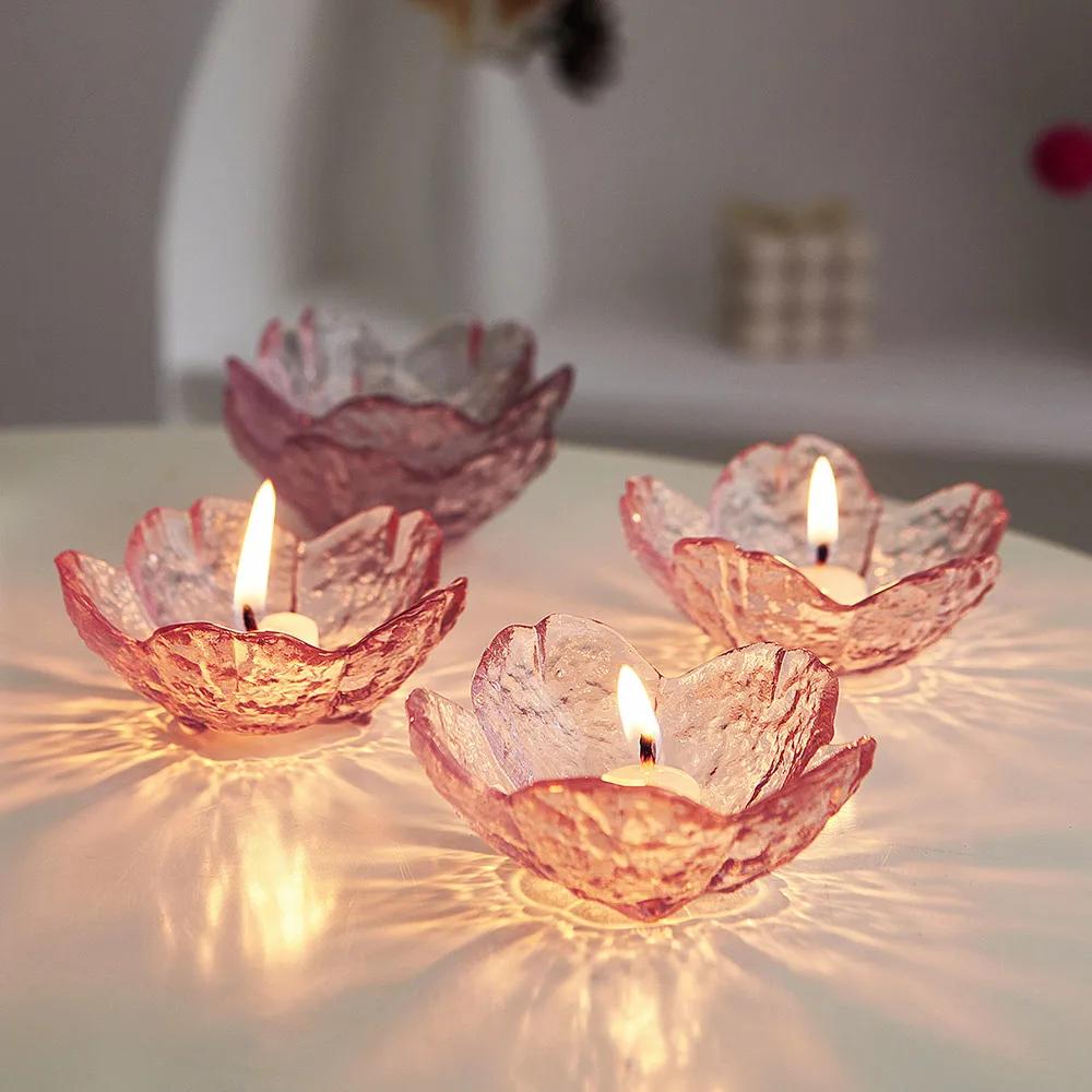 Modern Style Pink Flower Candle Holder Glass Candlestick Crafts Home Decoration Wedding Table Decor Crystal Candle Container