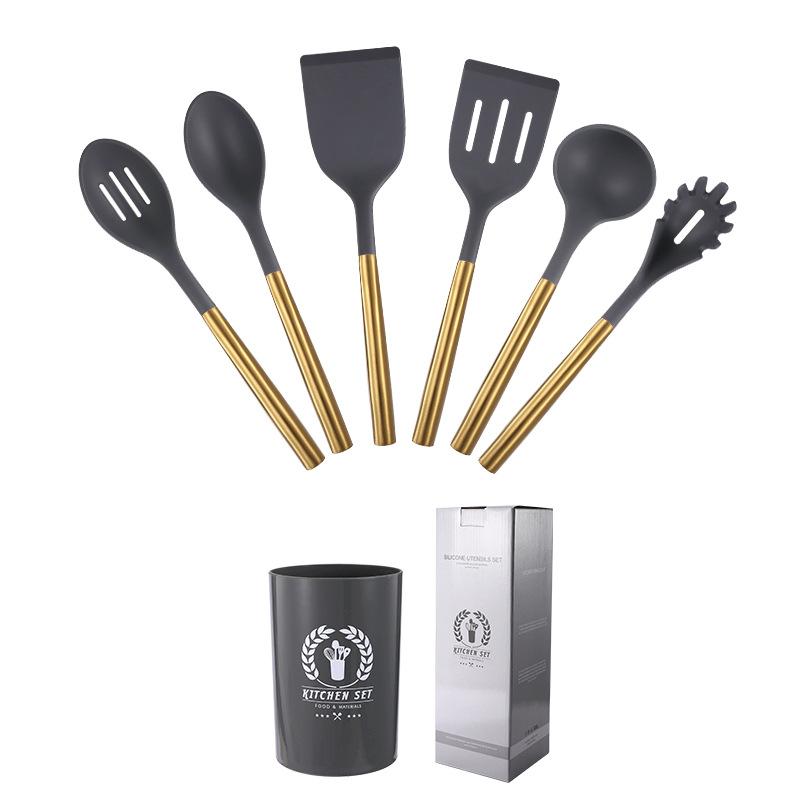 6Pcs Kitchen Cookware Silicone Kitchenware Non-stick Cooking Tools with Holder Spatula Spoon Ladle Egg Beaters Shovel Utensils Set