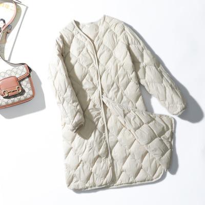 Daunenjacke Damen Leichte Mittellange Rautenkarierte V-Ausschnitt Weiße Entendaunen Lässige Jacke Im Koreanischen Stil