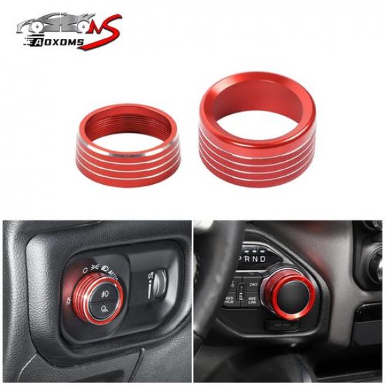 Red Headlight & Gear Knob Switch Knob Cover Trim Ring For Dodge RAM 1500 2018+