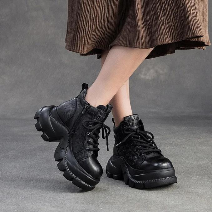 Johnature Retro Genuine Leather Thick Soled Short Boots Comfortable Side Zipper Women's Platform Shoes