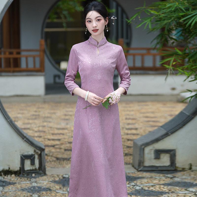 Purple Mother Dress National Style New Chinese Autumn Long-sleeved Cheongsam Improved Young Women's High-end Dress Spring and Autumn