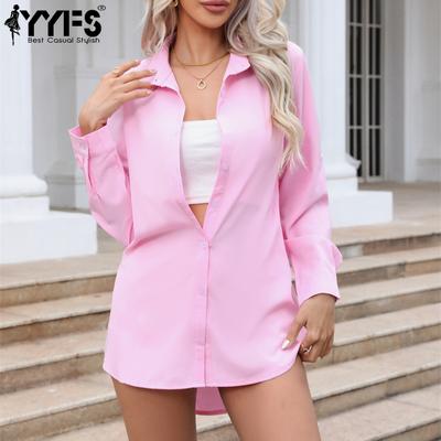 Camicette e camicie a maniche lunghe con scollo a V, tinta unita, casual, primavera-autunno, da donna