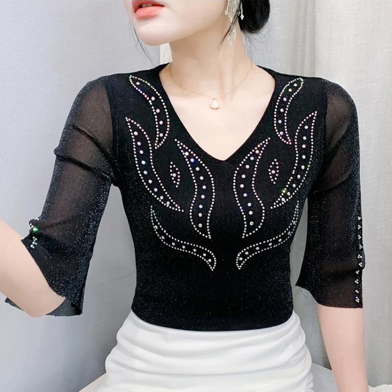 New Women's Clothes T-shirt Sexy V-Neck Hot Diamonds Tops Shirts Summer Girl Slim Mesh Half Sleeve Tees Blouse