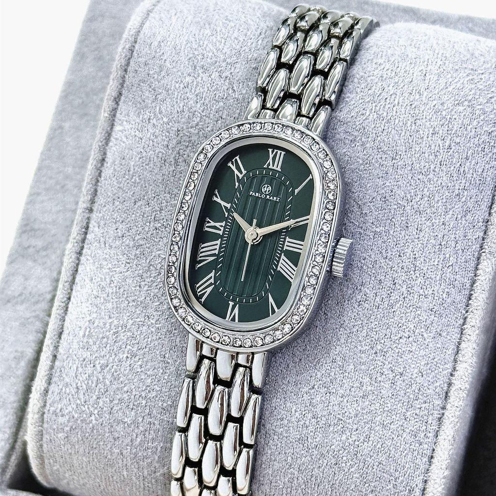 Pablo Raez Oval Luxus Damen-Ketten-Wasserfeste Quarz-Armbanduhr mit Grünem Zifferblatt
