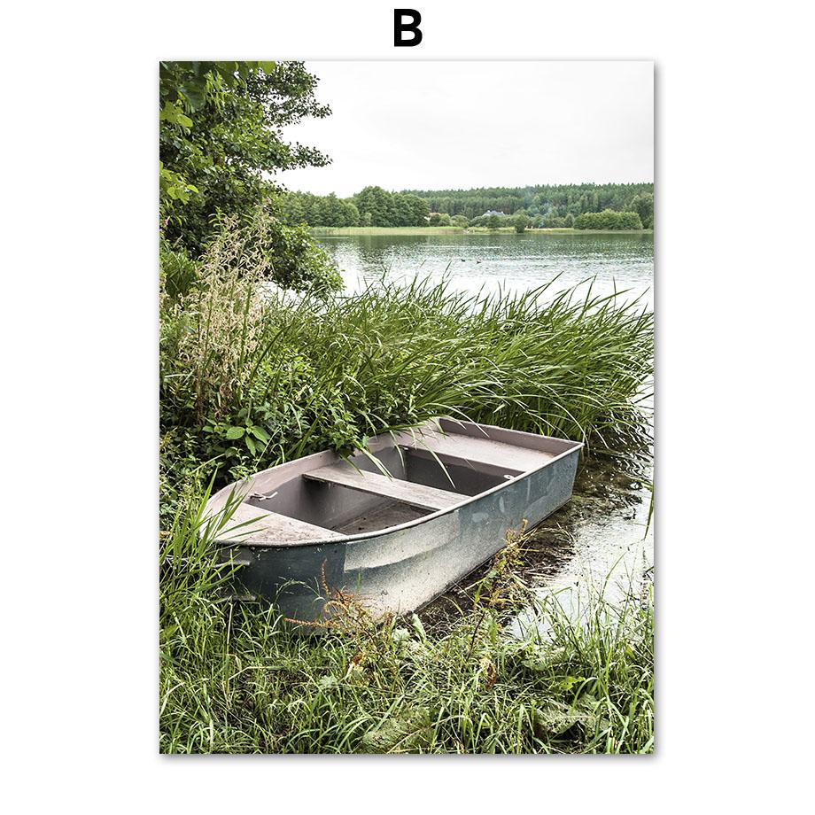 Green Leaf Boat Flower Forest Mountain Waterfall Posters And Prints Canvas Painting Wall Art Pictures For Living Room Decor