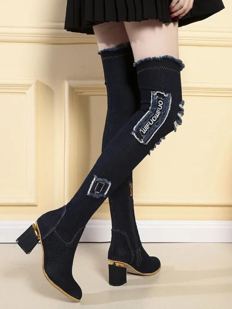 Fashion Women's Denim Boots Over The Knee Pointed Toe Thick High Heels Shoes Female Autumn Casual Tassel Jeans Long Boots Botas Mujer