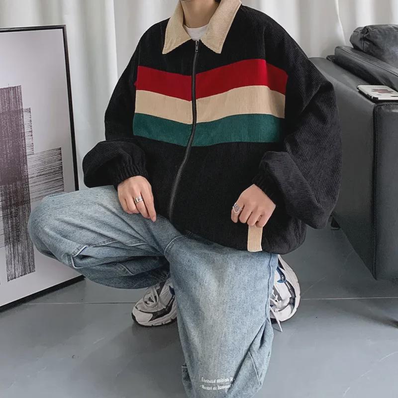 Men's Versatile Korean Corduroy Jacket – Spring/Autumn Contrast Color, Loose Fit Casual Top