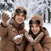 Snow Proof Outdoor Cycling Hat 2Pcs Fleece Lined Hats with Goggles, Warm Winter Knit Stretchy Brimless Eye Protection Hats, Windproof Skiing Caps for