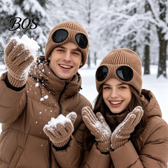 Snow Proof Outdoor Cycling Hat 2Pcs Fleece Lined Hats with Goggles, Warm Winter Knit Stretchy Brimless Eye Protection Hats, Windproof Skiing Caps for
