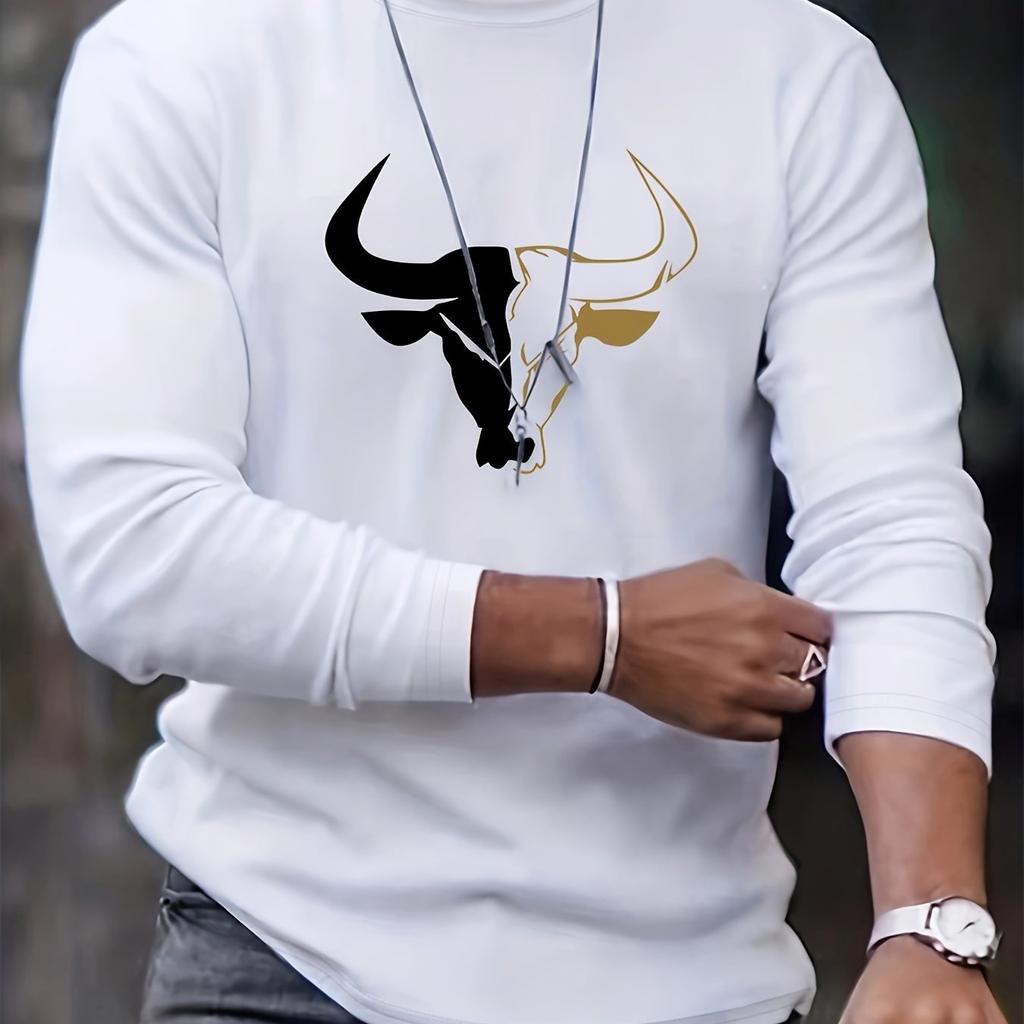 Spring and Autumn Round Neck 3D Bull Head Graphic Printed Top Fashionable Casual Long Sleeved Men's T-shirts
