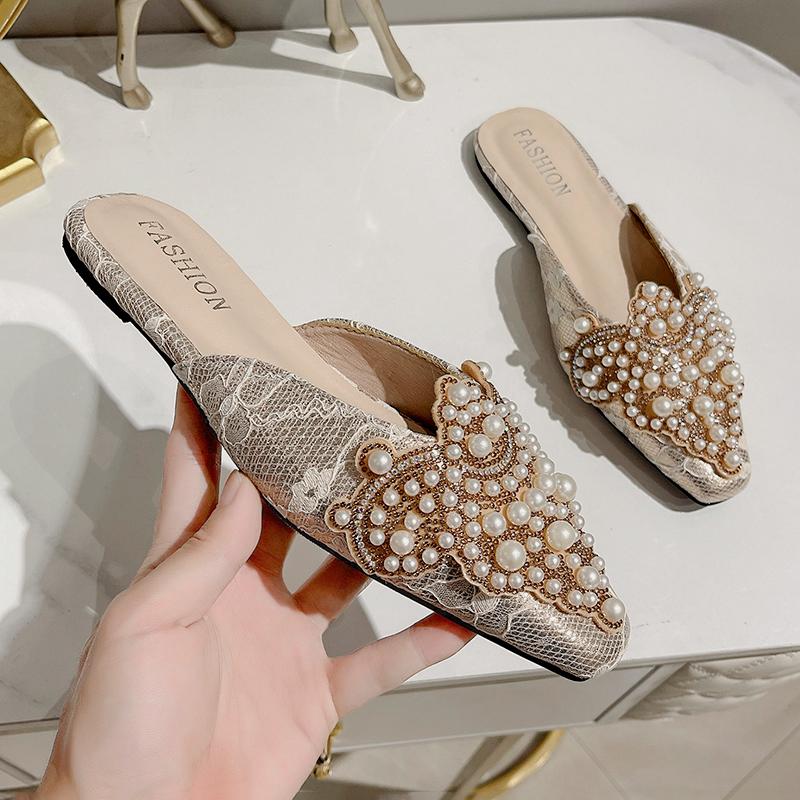 Fashion Luxury Pearl Ornaments Mules Slides Woman Elegant Point Toe Lace Sandals Ladies Chic String Bead Evening Party Flat Dress Shoes