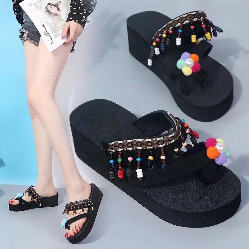 

Fashion Bohemian Tassel Flip Flops for Women Flowers Decor Wedges Sandals for Ladies Outside Lightweight Wear-Resistant Slippers Mujer 42