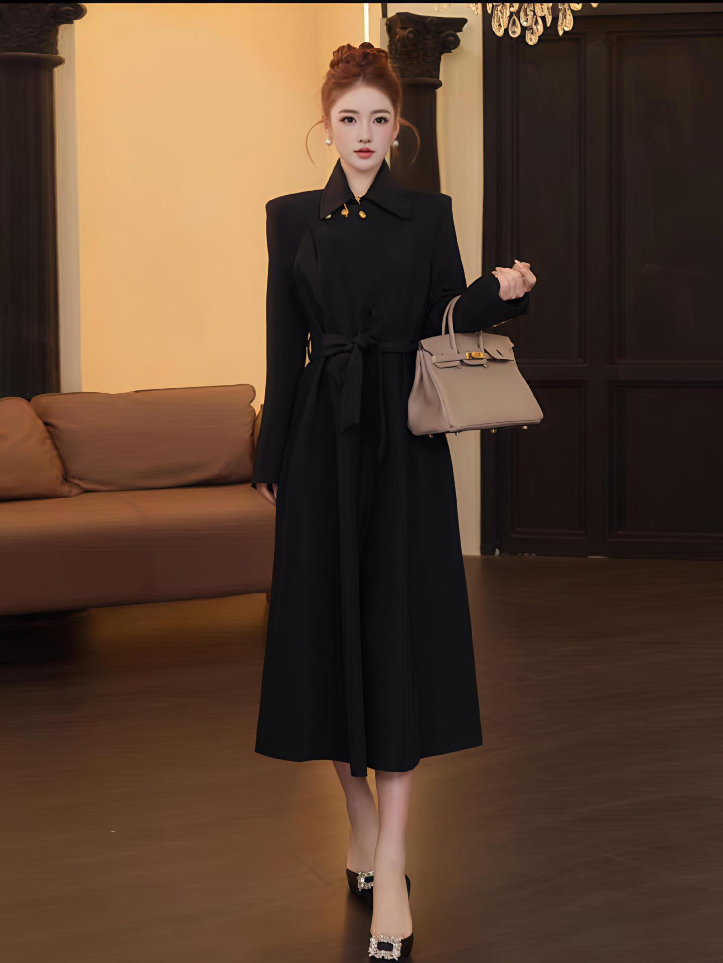Black Straight Shoulder Coat Dress - 2025 Autumn French Retro Hepburn Style with Free Belt L чёрный