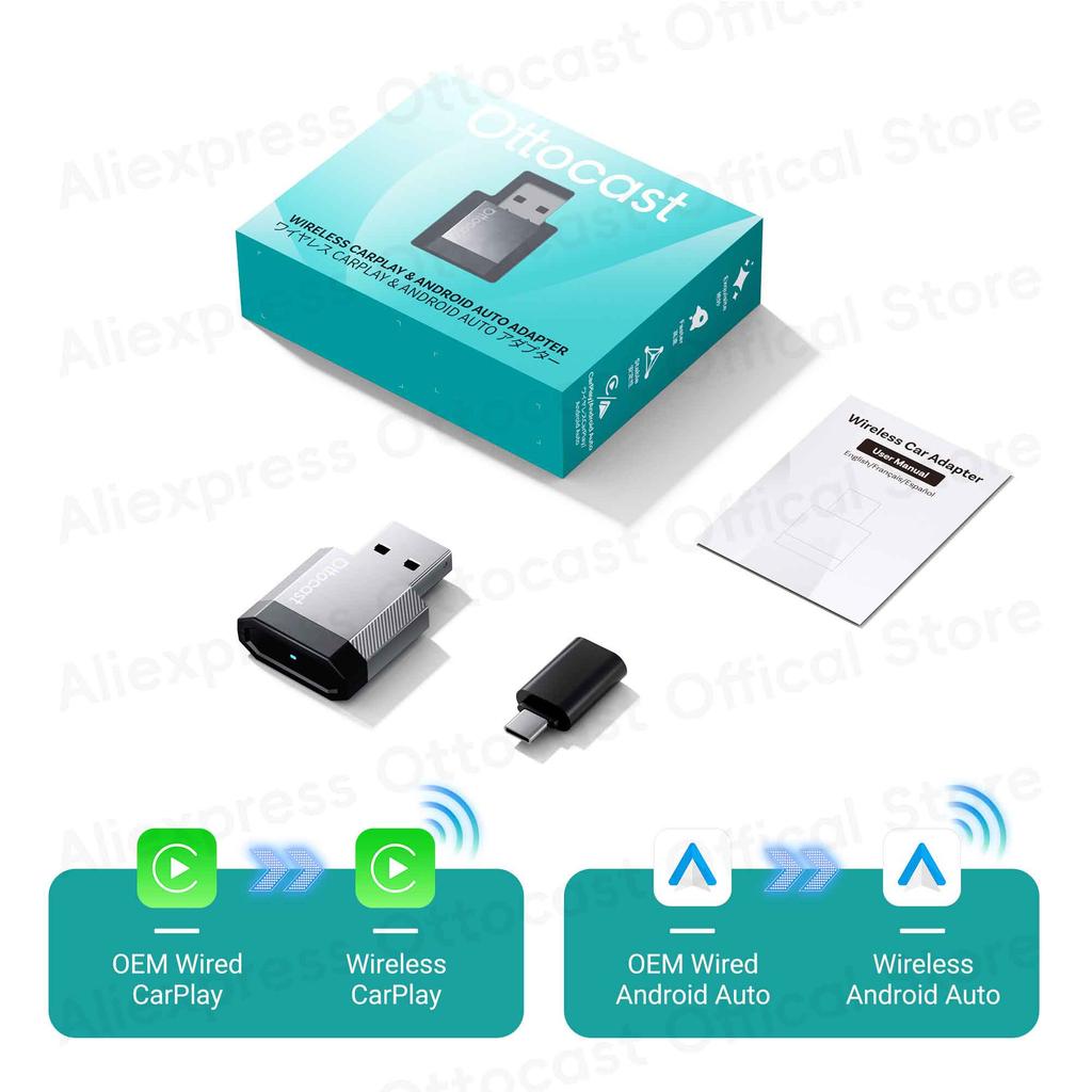 NRYJK1 Ottocast Mini Nova Wireless Adapter CarPlay Android Auto Bluetooth WiFi USB Dongle Cube 3.0 for Nissan Ford Renault Mazda VW Ben