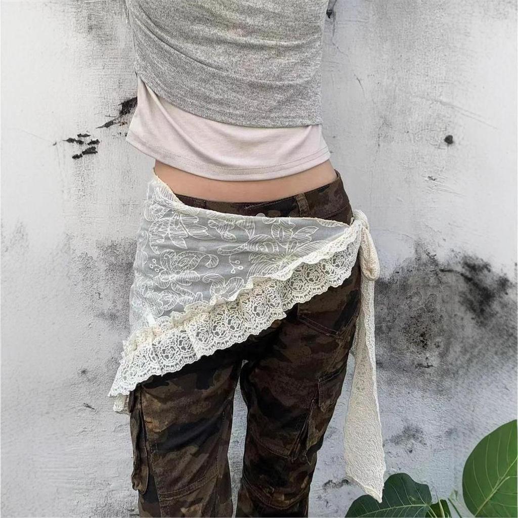 Spring 2025 Korean Jacquard Midi Skirt with Lace Ruffle, Tie Detail, and Scarf Hip Flap