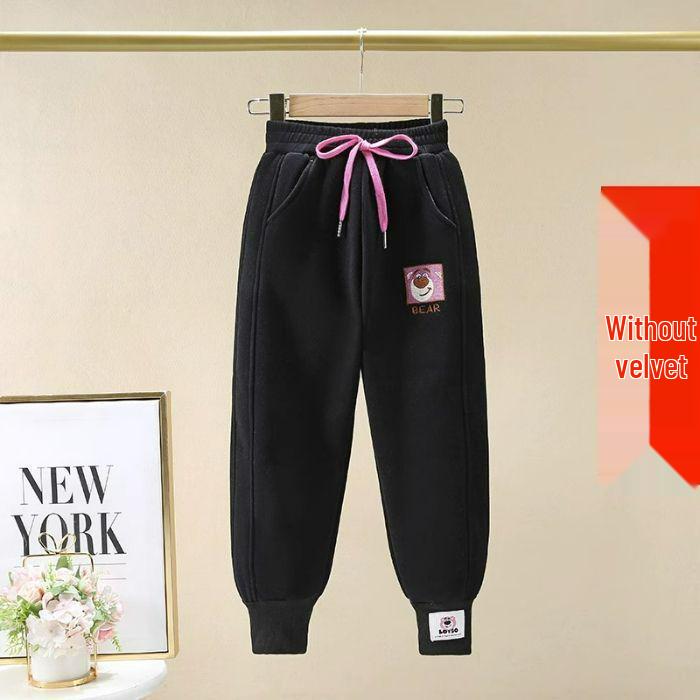 Kuromi Girls' Fleece-Lined Sweatpants - Cartoon Print, Warm & Thick, Cuffed for Spring/Autumn