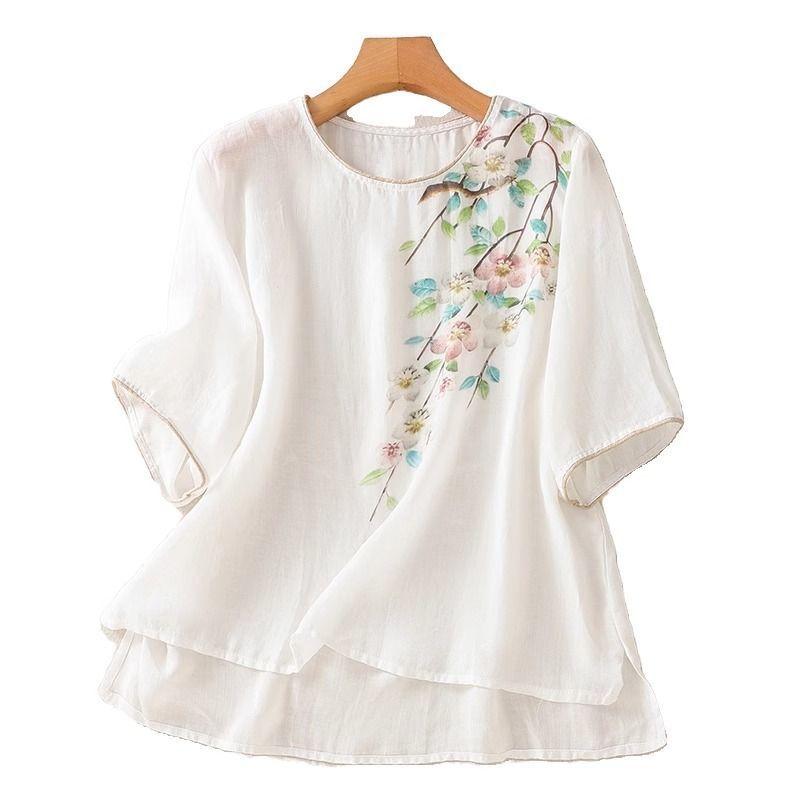 New retro cotton and linen T-shirt top women's summer thin loose cotton and linen short-sleeved cotton and linen shirt