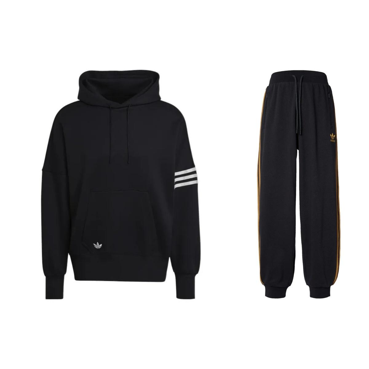 

Adidas Logo Print Striped Pullover Hoodie And Mid-Rise Cuffed Knit Pants Casual Sports Set Men Sets Black HM1871+IX4210 M