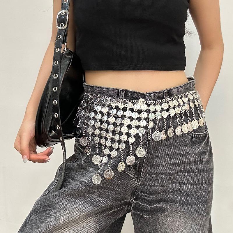 Bohemian metal round sequined fringed waist chain, feminine fashion belly dance belt, clothing accessories