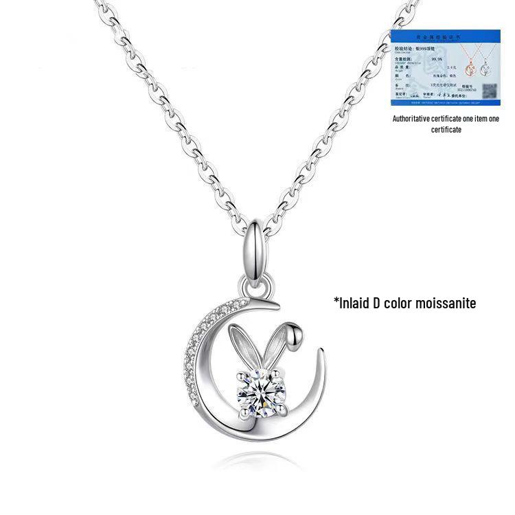 S925 Sterling Silver Moissanite Moonlight Jade Rabbit Necklace - Sweet Clavicle Chain Qixi Gift for Women
