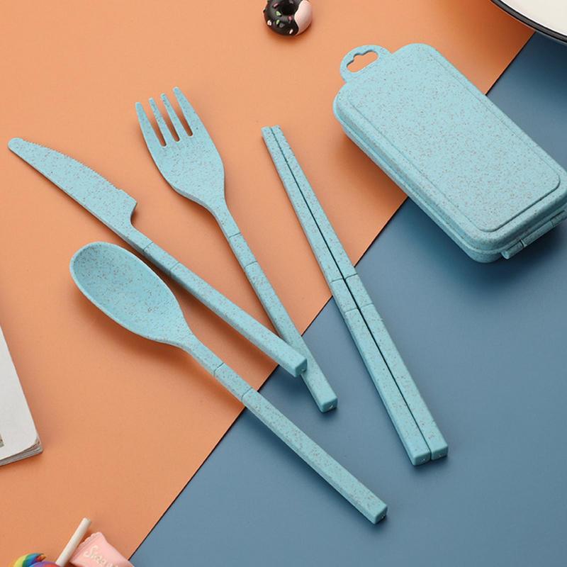 4pcs Wheat Straws Dinnerware Set Portable Tableware Cutter Fork Spoon Chopsticks Set Travel Cutlery Set Kitchen Utensil Box