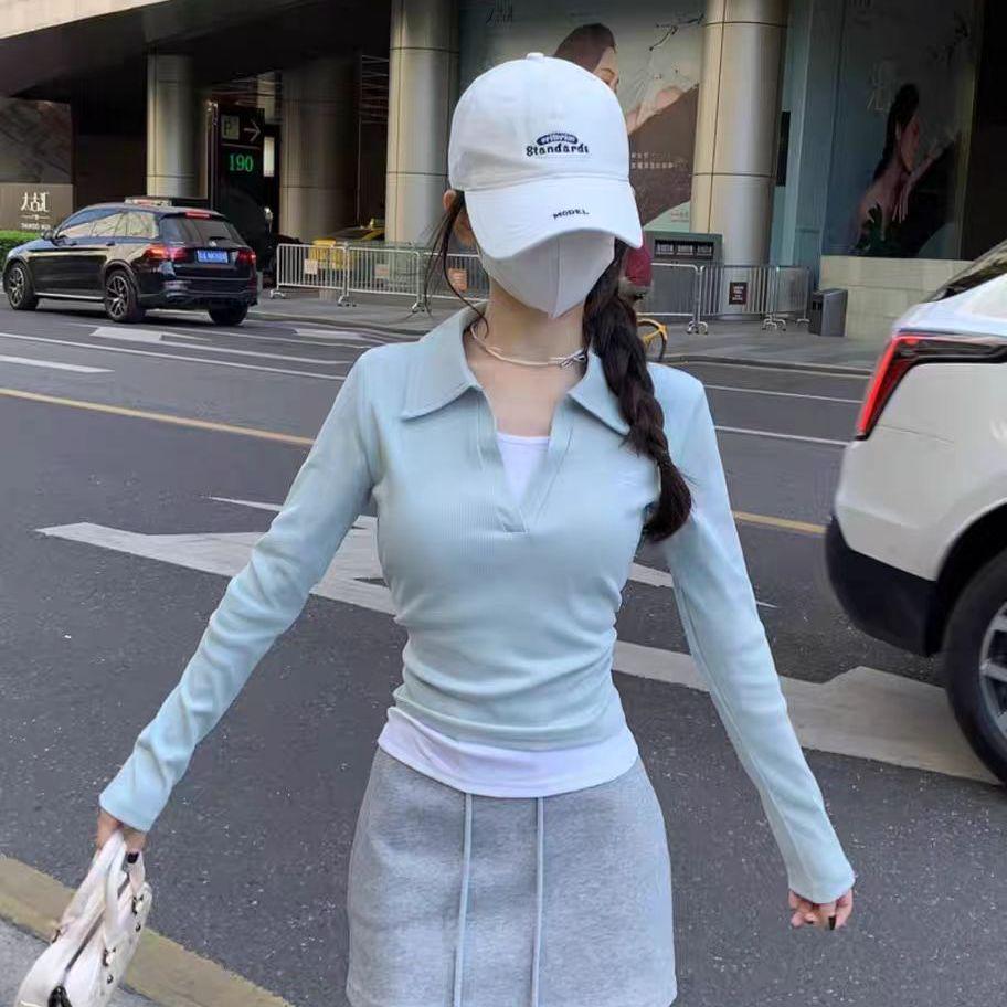 

Embroidery Slim Fit Long Sleeve Cotton T-Shirt with Turn-Down Collar S (Recommended 80-100 Jin)