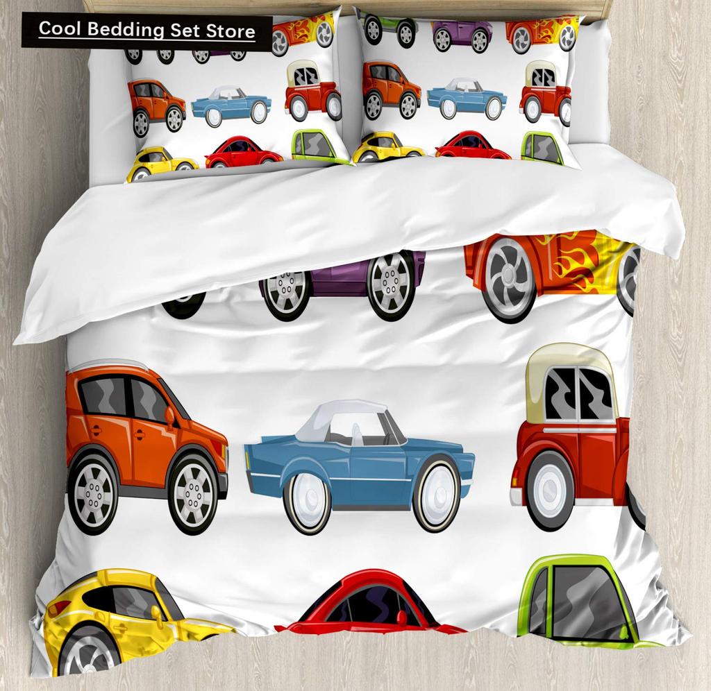 Gelbes Taxi Auto King Queen Bettbezug Jungen Cartoon Transport Bettwäscheset Rosa Stadtlandschaft Steppdeckenbezug Polyester Bettdeckenbezug