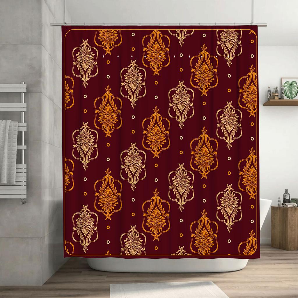 Luxurious Floral Bath Shower Curtain Decorative Waterproof Fabric Bathroom Decoration Privacy Indoor Home Decor in Red Gold Colo