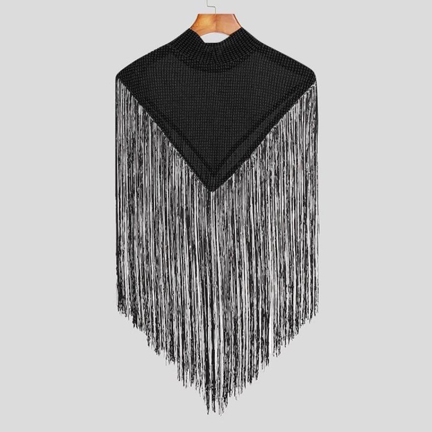 

Новинка 2023 года, накидка без рукавов нестандартной формы, мужская накидка с высоким воротником и кисточками, винтажная накидка, майка XXL чёрный