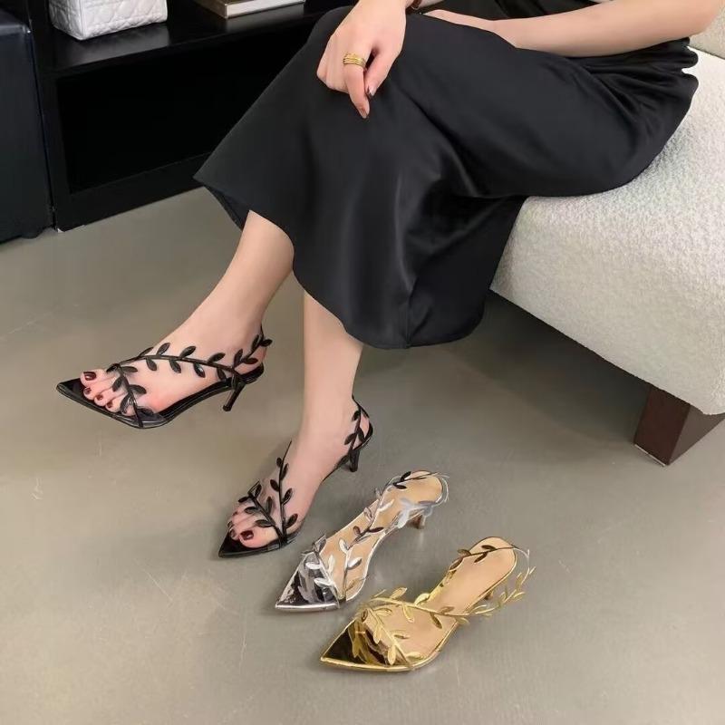 Fashion New Summer Fashionable Patent Leather Gold Leaf Women Sandals Elegant Pointed Toe Thin High Heels Gladiator Sandals Party Shoes