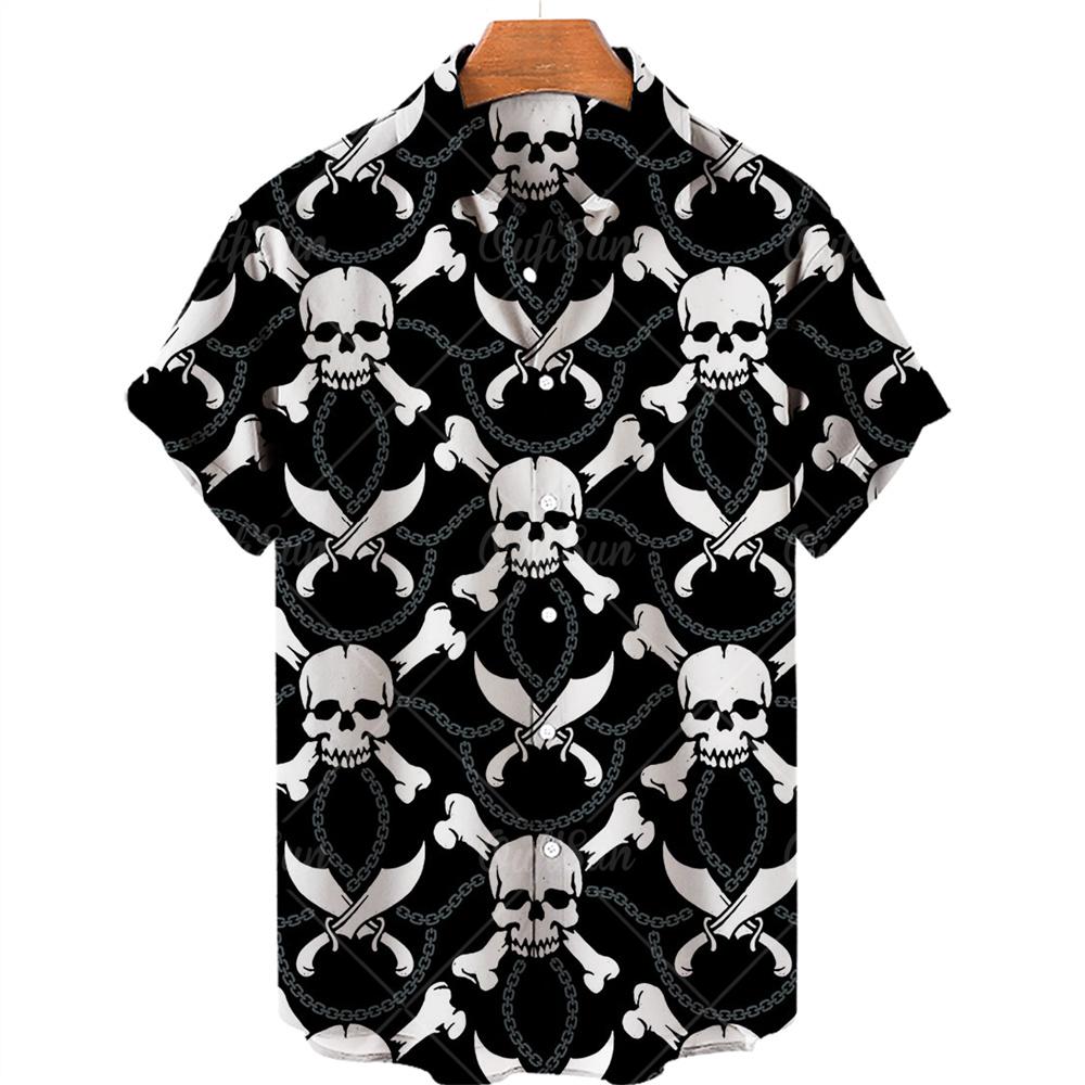 Fashion Skull Halloween Print Men's Shirt Street Trend Harajuku Lapel Top Hip Hop Punk Style Oversized Shirt Casual Short Sleeve