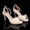 Luxury All Pearls Rhinestones Peep toe Women Sandals Ankle Strap Platform Thin High heels Elegant Bridal Wedding Shoes