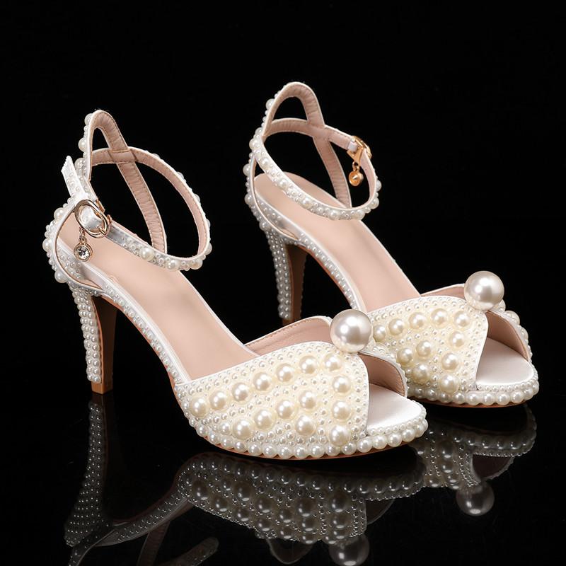 Luxury All Pearls Rhinestones Peep toe Women Sandals Ankle Strap Platform Thin High heels Elegant Bridal Wedding Shoes