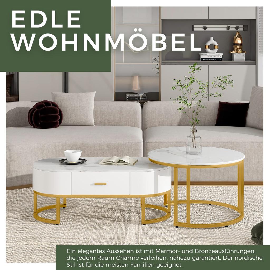 Couchtisch Rund 2er Set Satztische, Moderne Edle Nesting Kaffeetisch Oval Sofatisch Schubladen, Tischplatte Marmormuster, Balkon Büro, Weiß