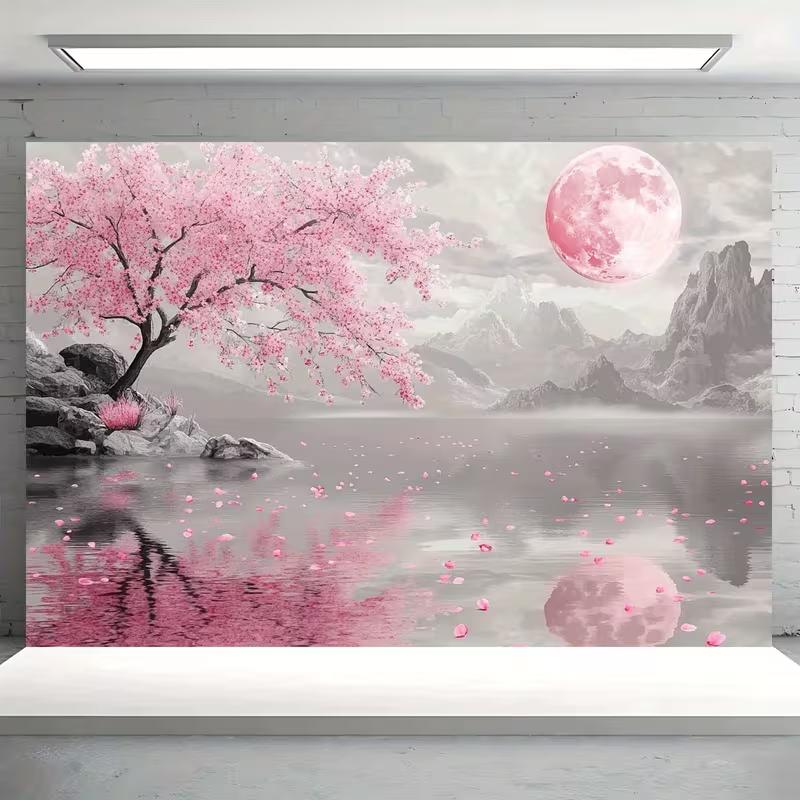 Sfondo 2D Montagna Grigia Fiore di Ciliegio, Sfondo Fotografico Petali di Luna Rosa