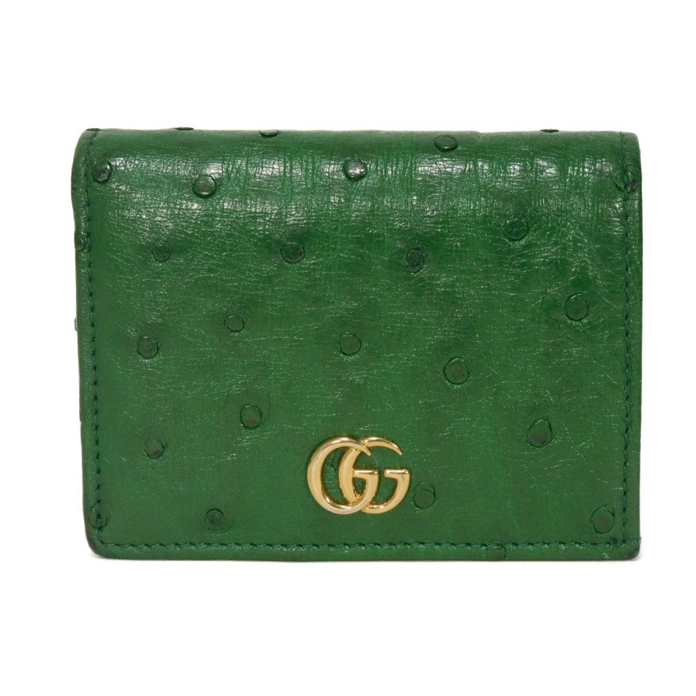 Used Double G Exotic Compact Wallet 9539 456126 7941 Petit Marmont GG Marmont Ostrich Green Unisex from Japan AUTHENTIC
