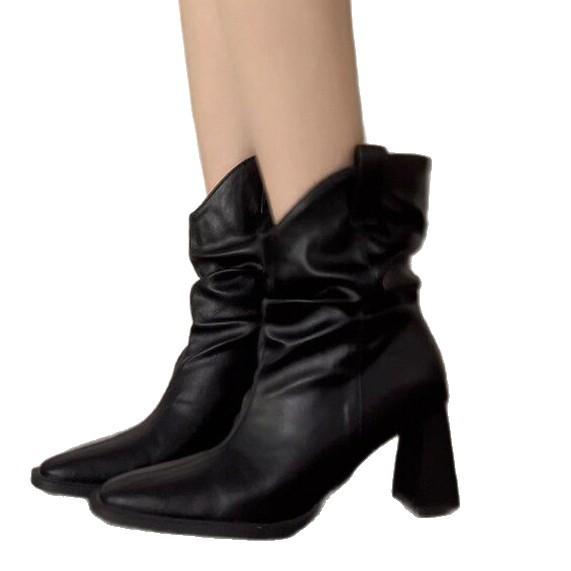 Fashion French minimalist pointed leather boots women's autumn new small thick heel heightening stack fashion boots