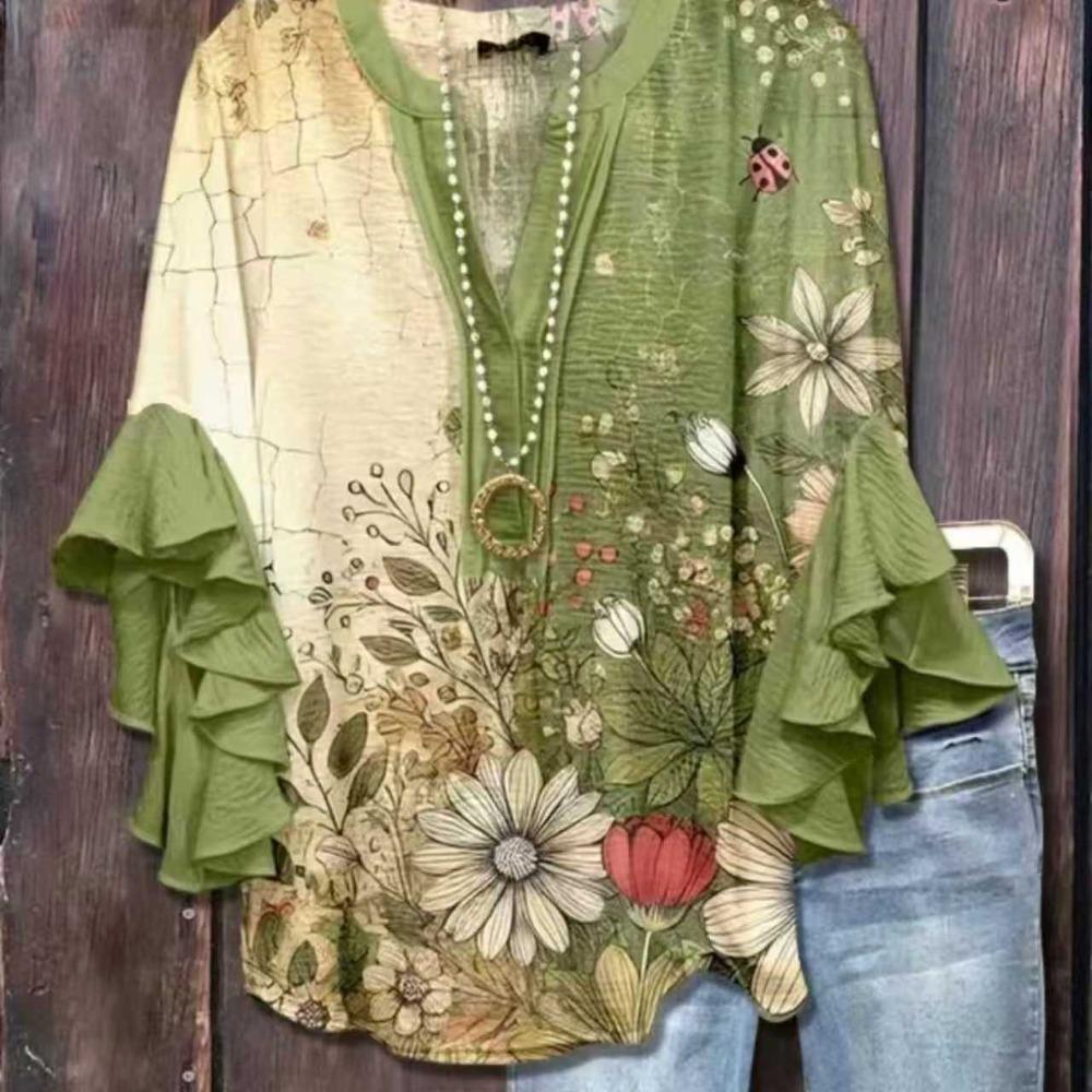 Large Women's Bohemian V-neck Shirt with Ruffle Sleeves, Grey Brown Floral Print Top, Casual Breathable Machine Washable Pullover