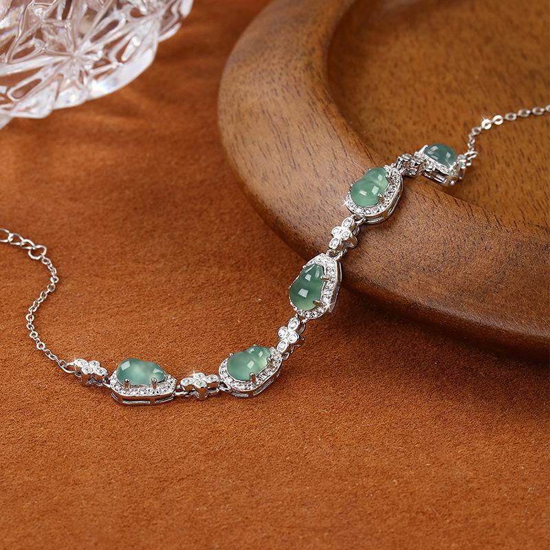 Natural Blue Water Jadeite Dangerous Material Gourd Bracelet Sterling Silver S925 National Tide Wind Burst Exquisite High-end Chain Light Luxury