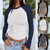 And American Cross-Border Amazon Foreign Trade Women Clothes Summer Sexy Slim Fit Round Neck Contrast Color Patchwork Long Sleeves Shirt Women's Top