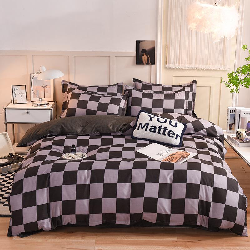 Simple Plaid Washed Cotton Four-piece Dormitory Quilt Cover Three-piece Bed Sheet Quilt Cover